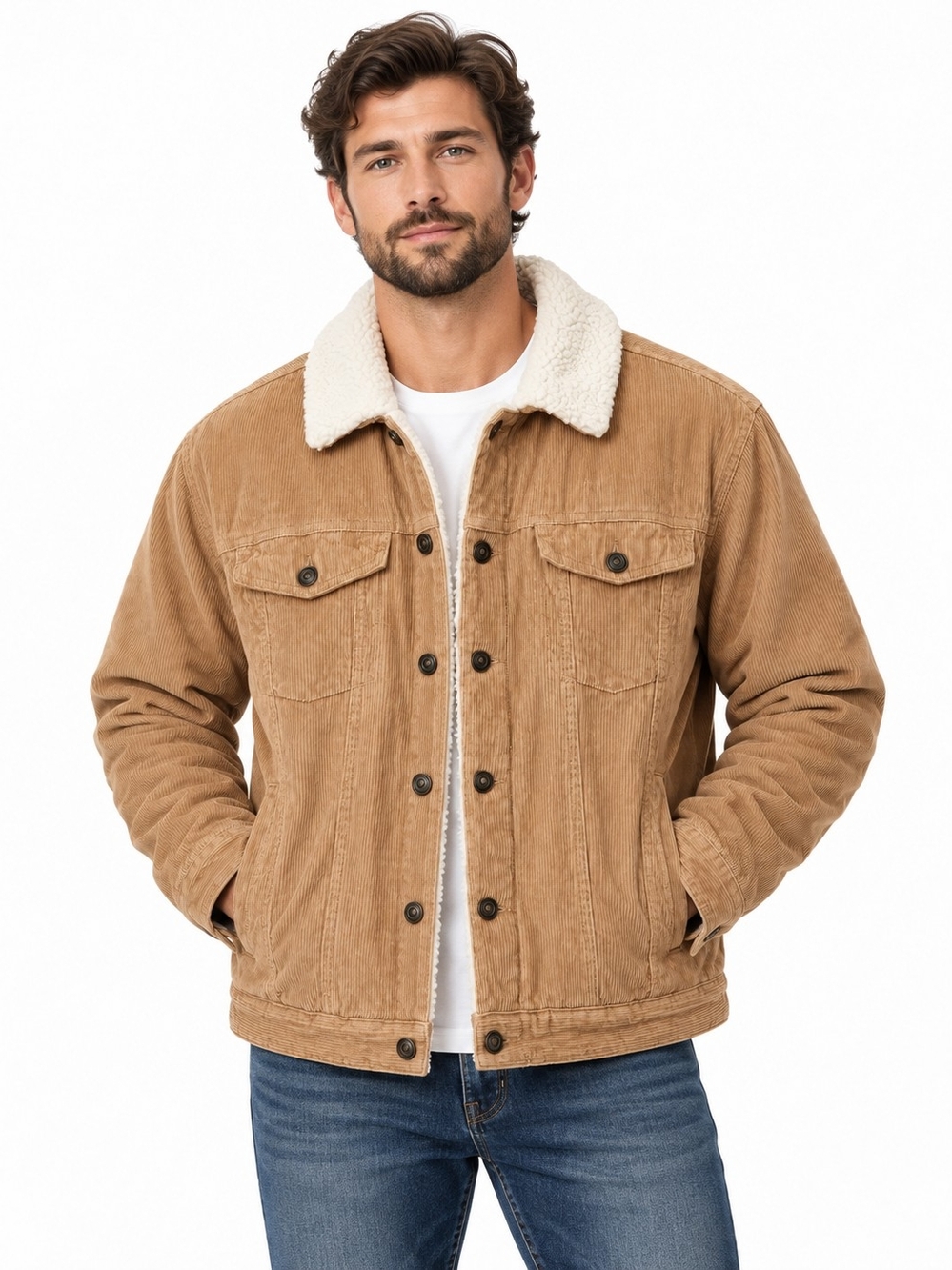 Forever 21 Men XL Corduroy Sherpa Lined Trucker Jacket Tan Brown